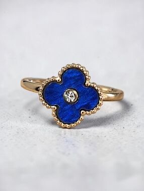 Elegant Blue & Gold Stainless Steel Clover Ring - Size 10